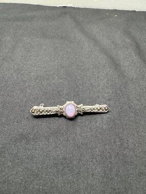 Vintage Silver Bar Brooch With Lavender Cabochon & Marcasite Accents Elegant Ant